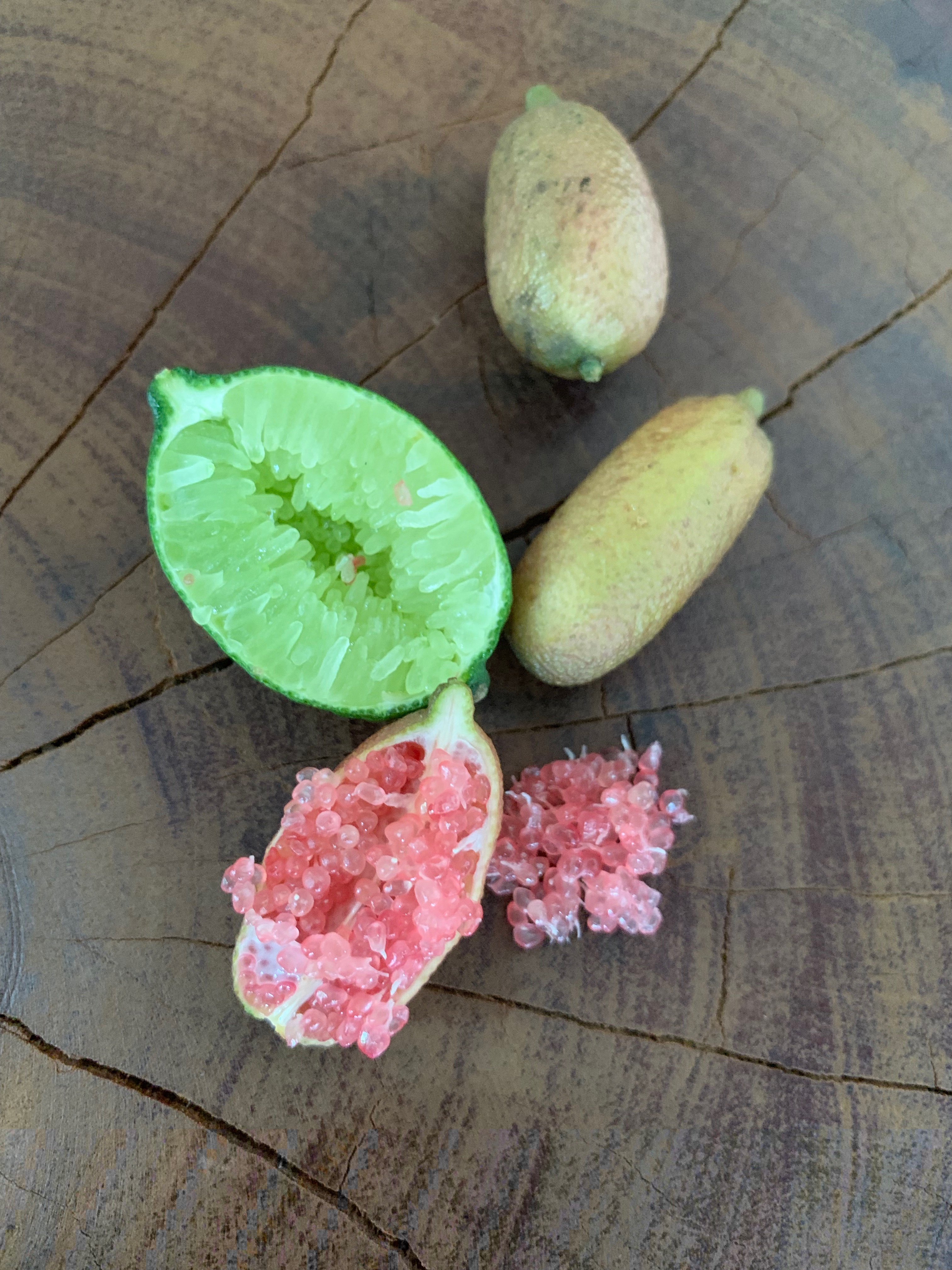 Finger limes cut open showing pink citrus caviar pearls