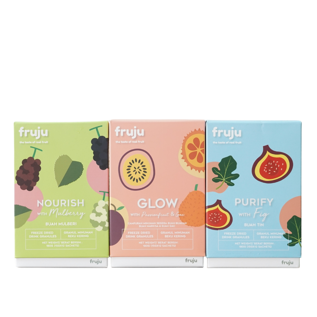 Fruju freeze-dried fruit sachets range: Nourish, Glow, and Purify